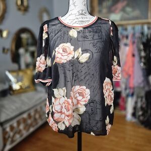a new day Black Sheer Floral Puff-Sleeve Blouse with Peach Roses Size Small